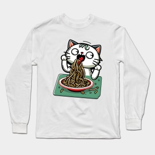 Cat eating spaghetti meme Long Sleeve T-Shirt